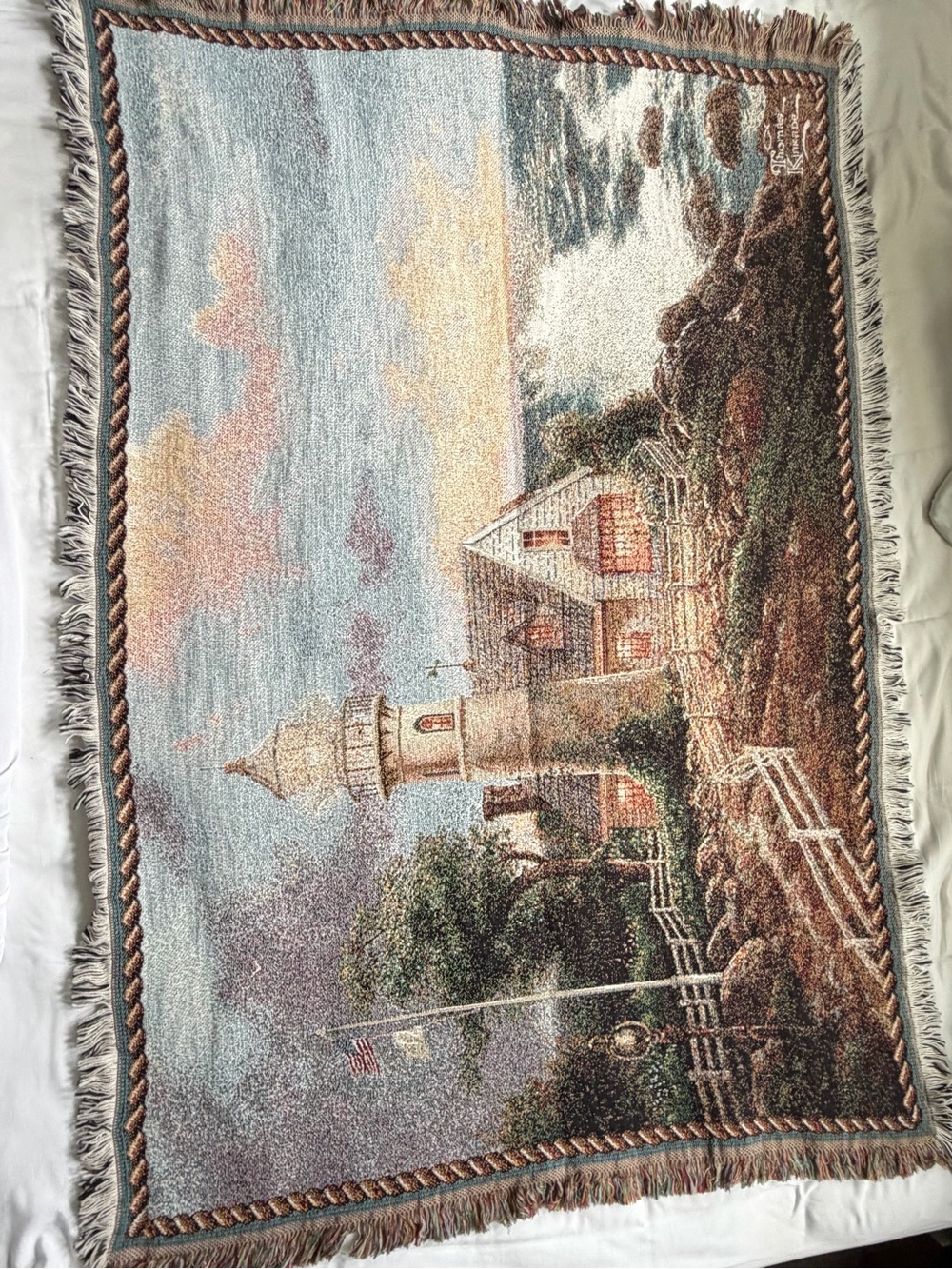 Thomas Kinkade Lighthouse Tapestry Throw Blanket 100% Cotton Vintage 2000